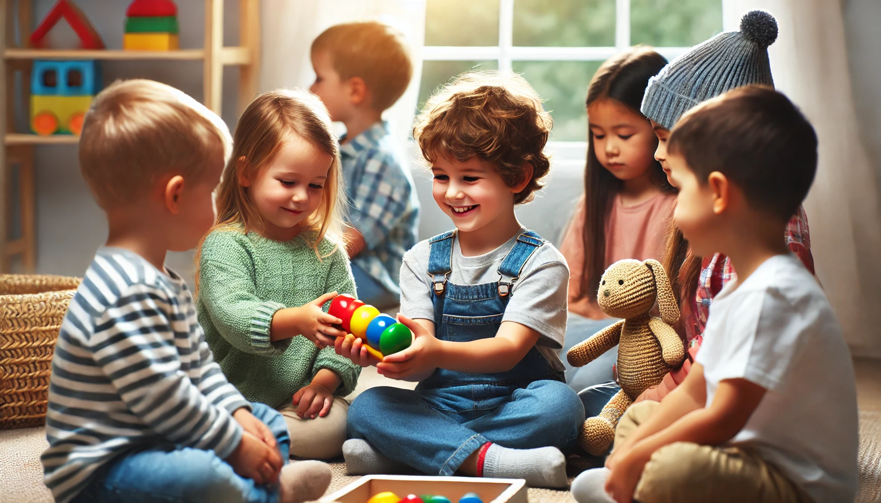 Trẻ em đang chia sẻ đồ chơi và tương tác trong lớp học phát triển kỹ năng xã hội cho trẻ tự kỷ