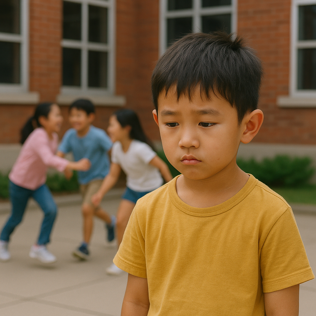 Trẻ tự kỷ buồn bã đứng một mình trong sân trường khi các bạn cùng lớp chơi đùa