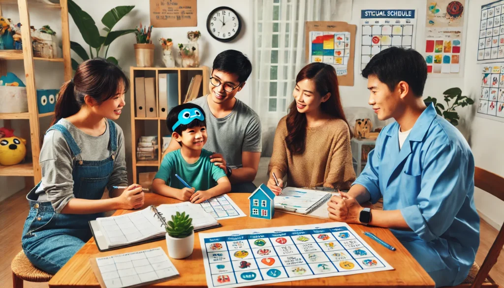 Một buổi họp giữa giáo viên, phụ huynh và chuyên gia trị liệu cùng trẻ tự kỷ đang sử dụng bảng lịch trình trực quan để xây dựng kế hoạch can thiệp cá nhân.
