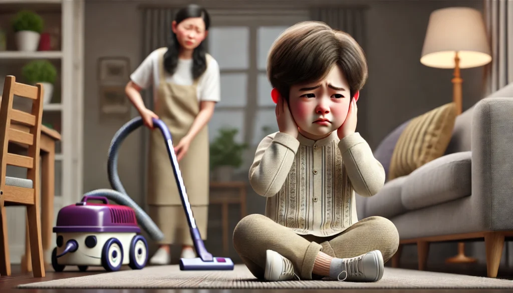 Trẻ tự kỷ bịt tai sợ tiếng máy hút bụi khi mẹ đang dọn dẹp trong phòng khách