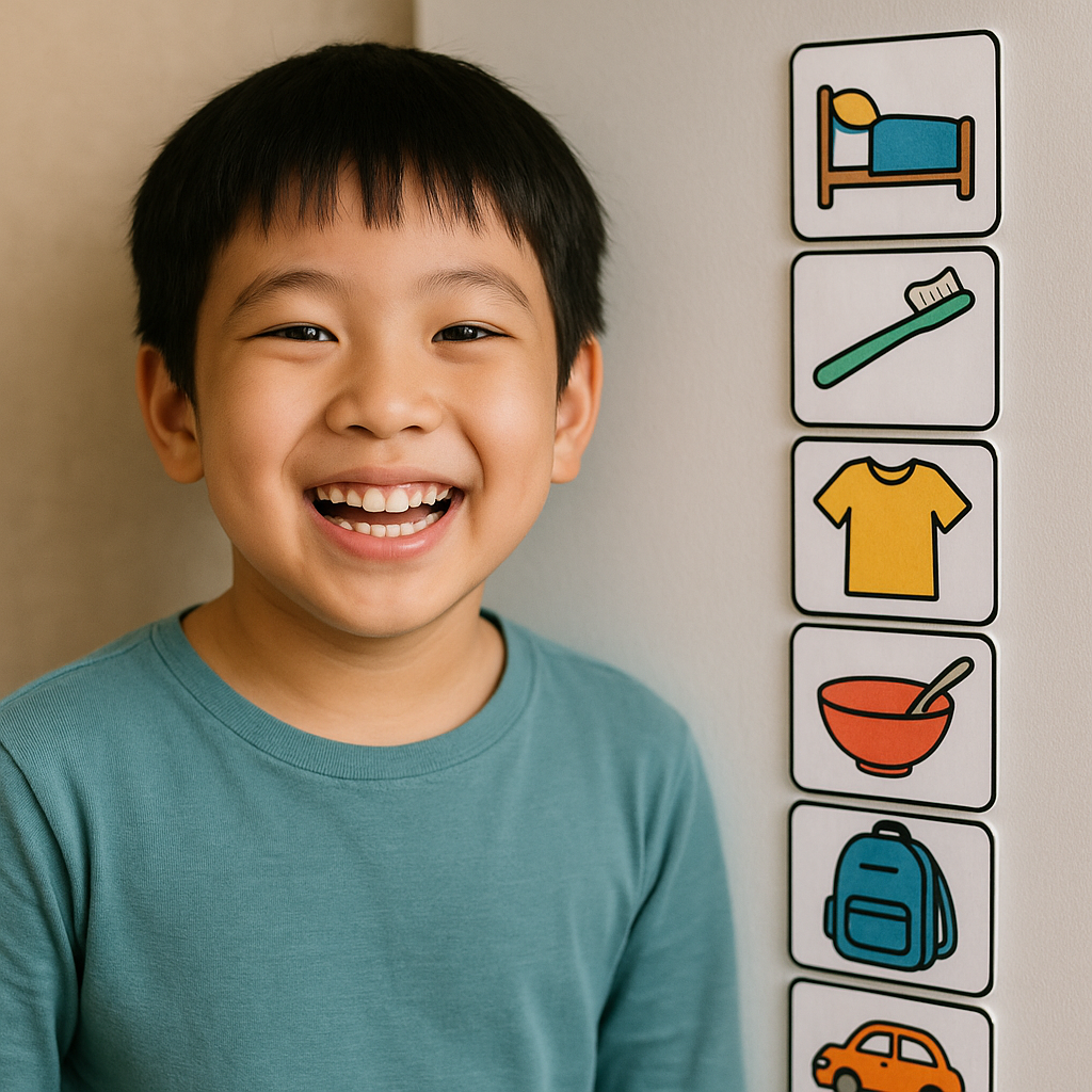 Bé trai tự kỷ mỉm cười hạnh phúc bên bảng lịch trình trực quan với các hình ảnh biểu tượng: giường ngủ, bàn chải đánh răng, áo quần, tô ăn, ba lô và xe