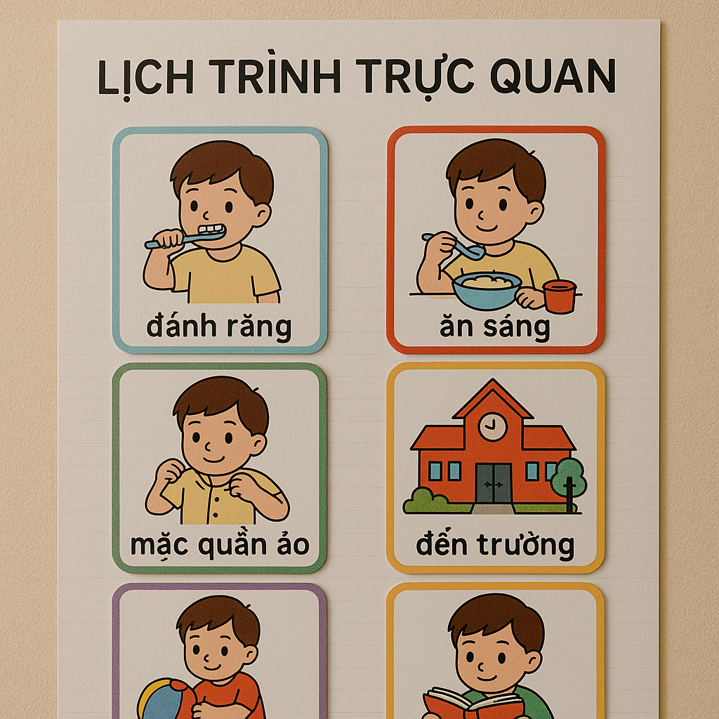 Lịch trình trực quan với hình ảnh giúp trẻ tự kỷ dễ dàng theo dõi các hoạt động hàng ngày.