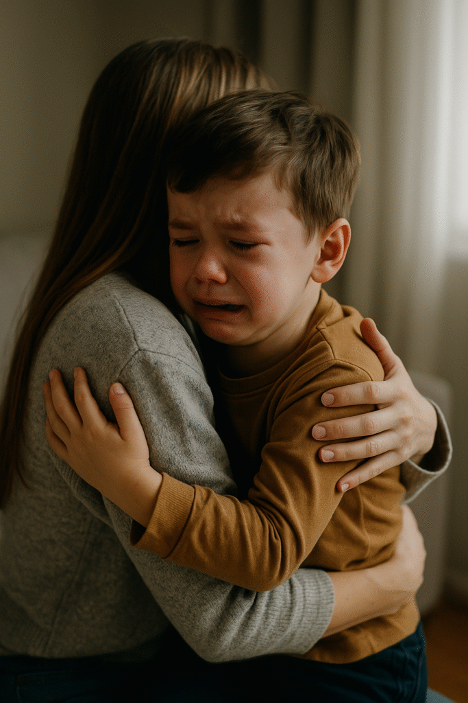Trẻ tự kỷ khóc dữ dội được mẹ ôm an ủi trong phòng