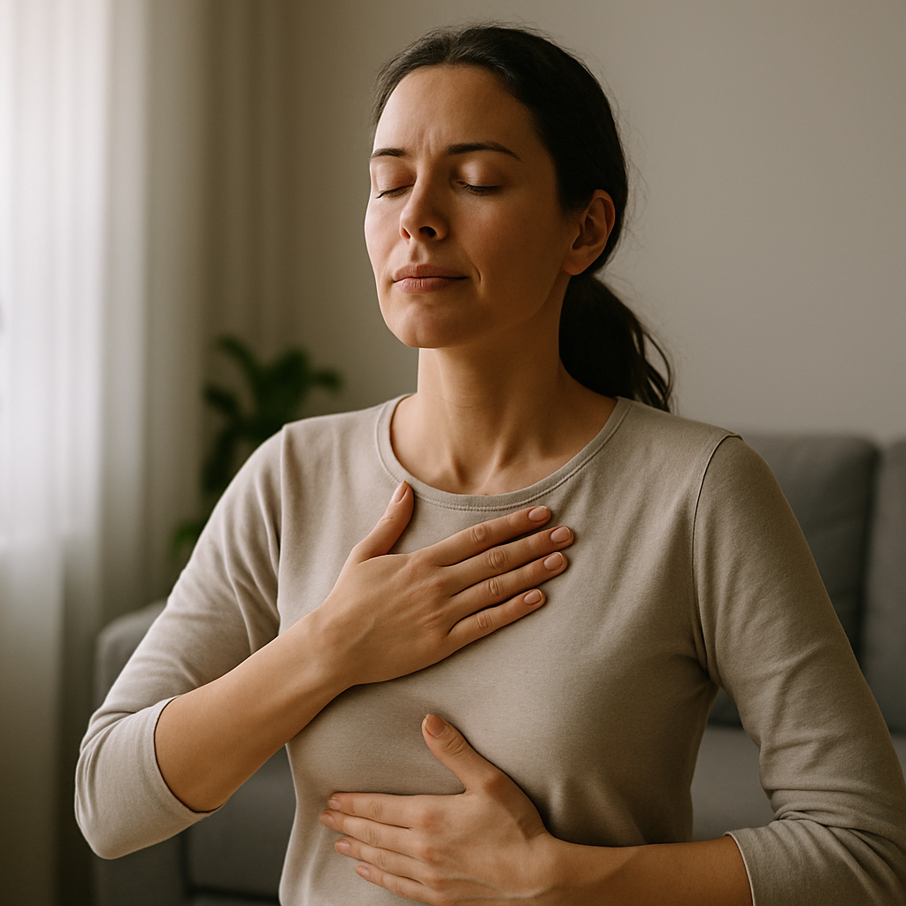 Người phụ nữ đang thực hành thở sâu, đặt tay lên ngực và bụng trong không gian yên tĩnh để thư giãn tinh thần.