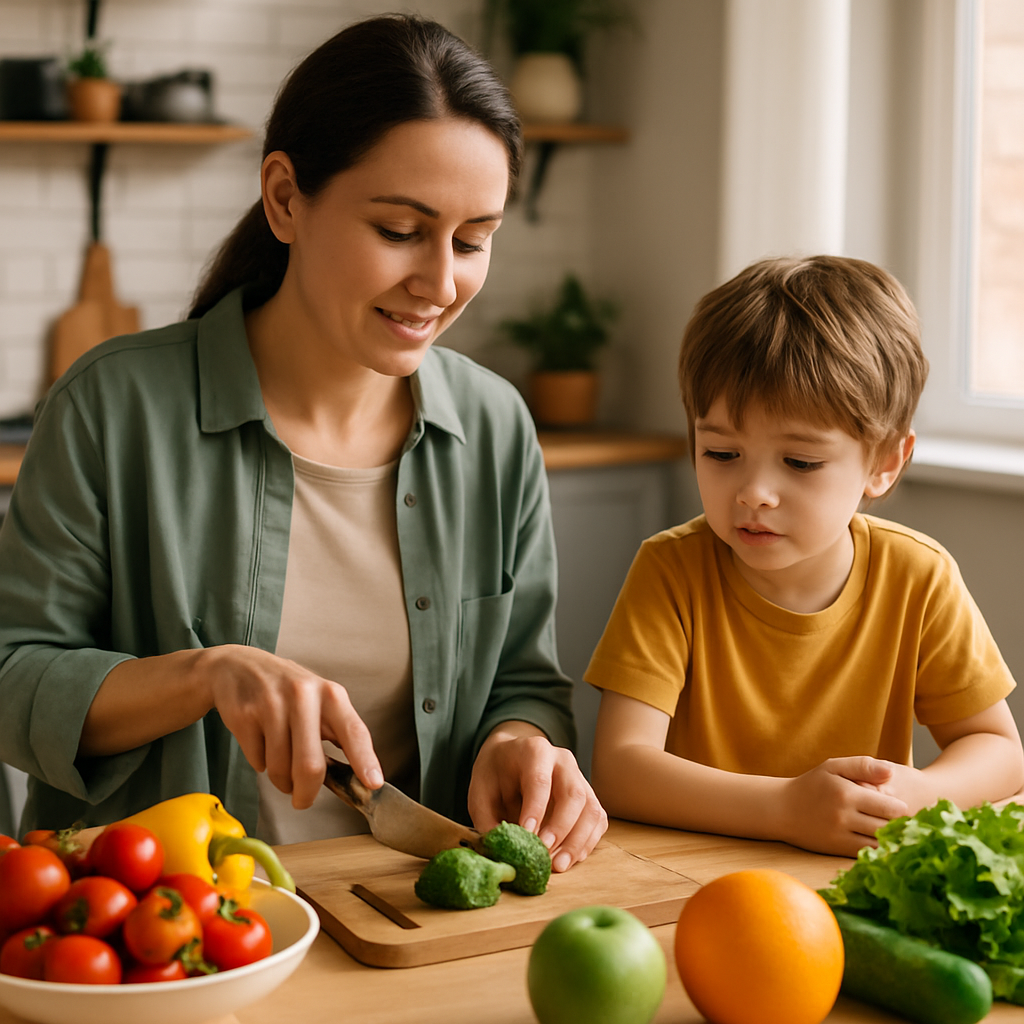 Mẹ và con nhỏ đang chuẩn bị bữa ăn lành mạnh với rau củ