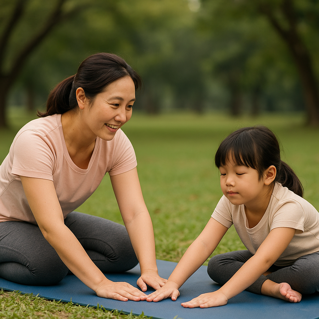 Mẹ và con gái tập yoga ngoài trời giúp cải thiện sức khỏe cho trẻ tự kỷ