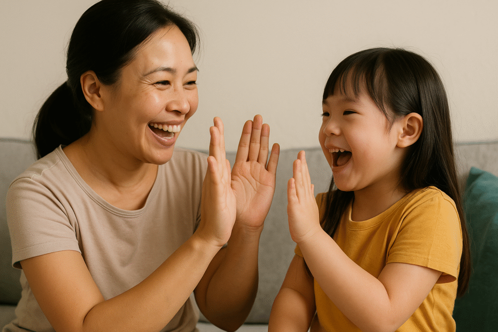 Mẹ và con gái cười vui vẻ khi chơi cùng nhau tại nhà