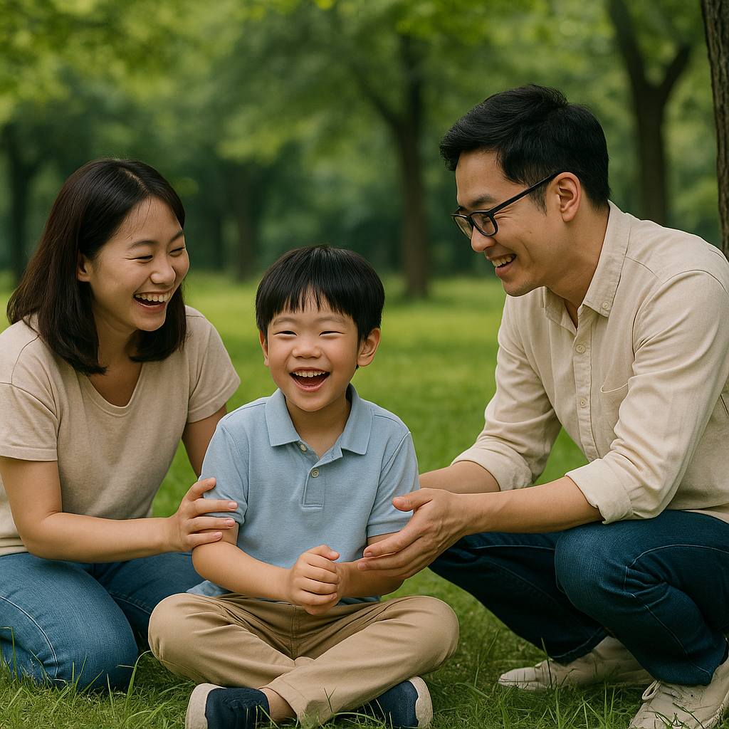 Cha mẹ và con trai đang cười vui vẻ cùng nhau trong công viên, thể hiện sự kết nối và yêu thương.
