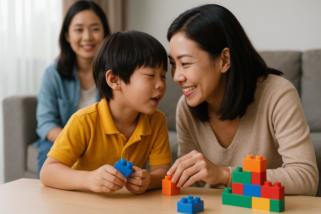 Người mẹ tương tác và chơi xếp hình cùng con trai trong khi một người phụ nữ khác ngồi quan sát từ xa, tạo không khí vui vẻ và gắn kết.