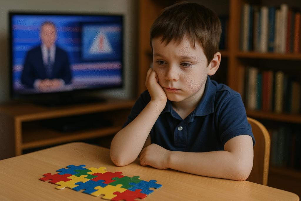 Cậu bé trầm tư nhìn bộ xếp hình puzzle nhiều màu sắc, ngồi một mình trong phòng với tivi phía sau đang phát bản tin.